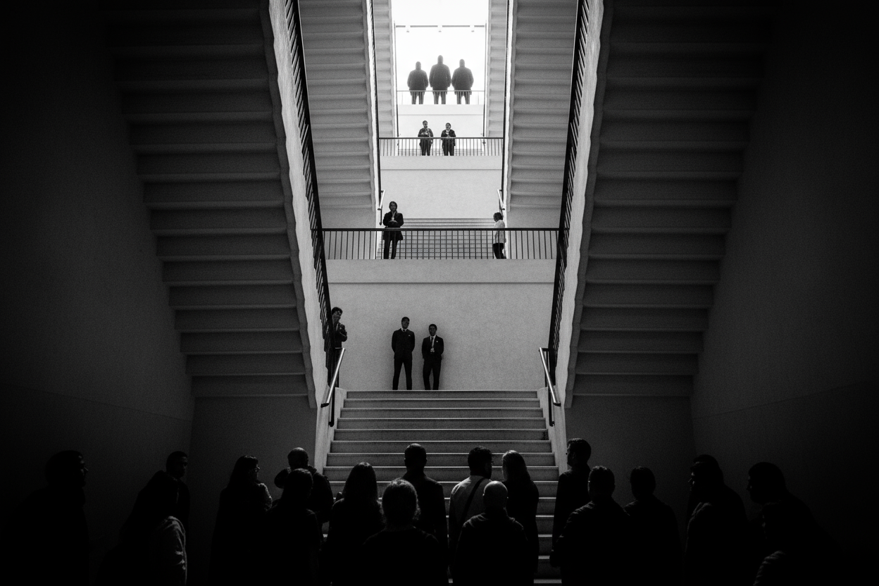 Foto em preto e branco de uma escadaria vista de baixo para cima, com silhuetas de pessoas em diferentes degraus (representa a hierarquia social)